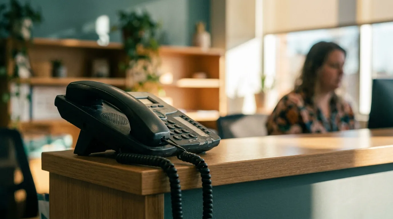 Desk phone in a small-business reception area