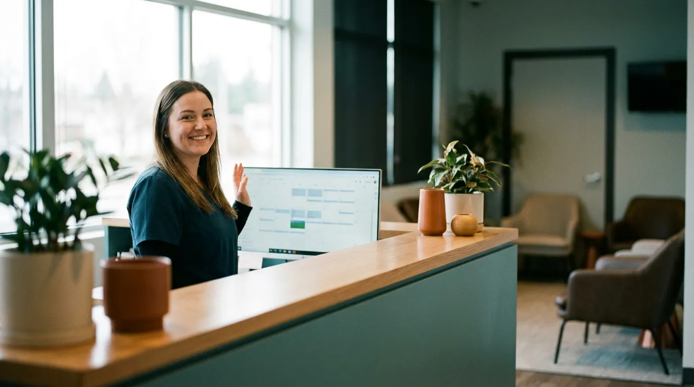 Dental practice receptionist at a front desk