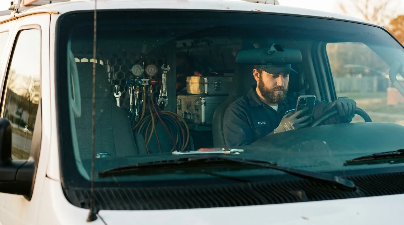 Service technician checking a phone in a work van
