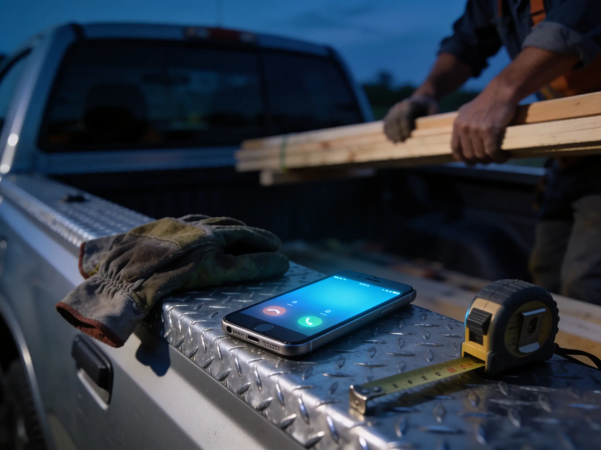 Contractor's phone ringing on a truck tailgate while hands are busy with lumber in the background